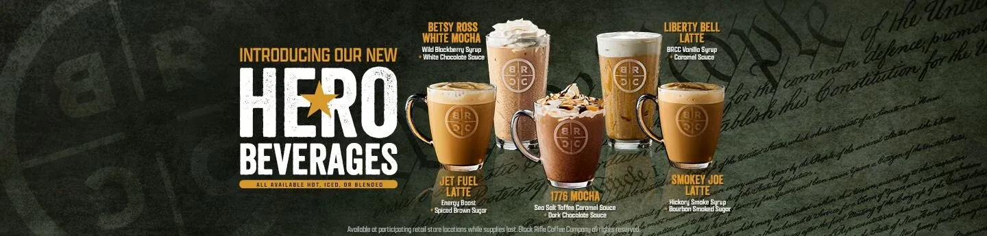 new hero beverages coffee drink menu featuring four specialty lattes with branded cups., black rifle coffee company, salt lak