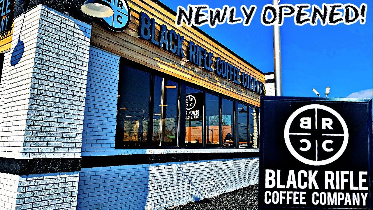 newly opened black rifle coffee company storefront with blue brick exterior and signage., black rifle coffee company, sevierv