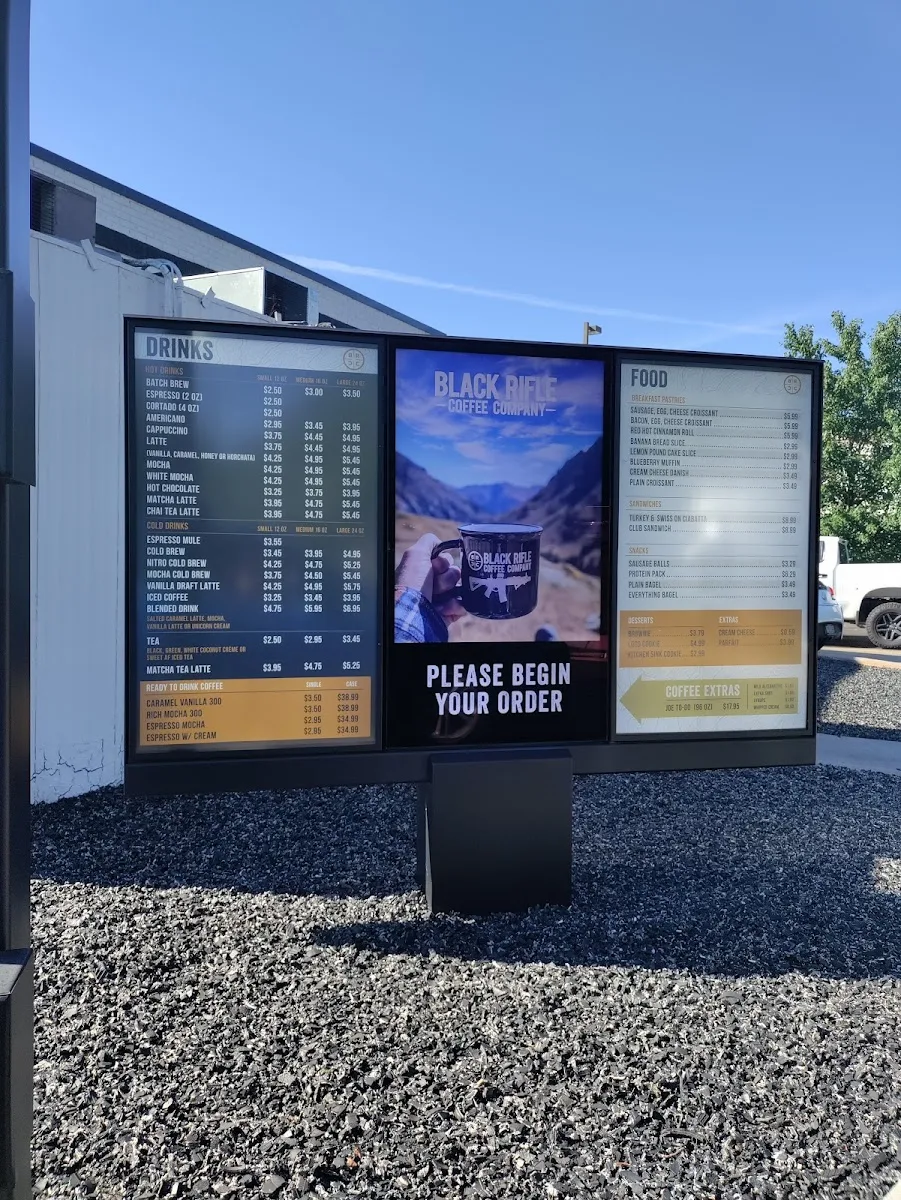 digital menu boards displaying drinks, food, and prices for black rifle coffee company., black rifle coffee company, seviervi