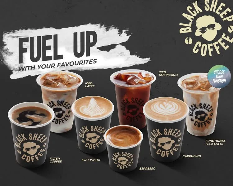 black sheep coffee menu display showing six specialty beverages with branded cups and latte art., black sheep coffee, aberdee
