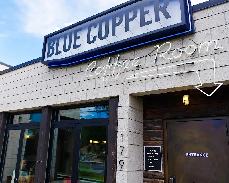 blue copper restaurant storefront with signage, entrance door, and business hours displayed., blue copper coffee, salt lake c