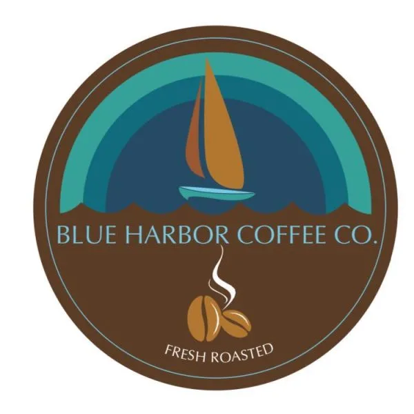 blue harbor coffee co. logo featuring sailboat, coffee beans, and circular design elements., blue harbor coffee, hampton