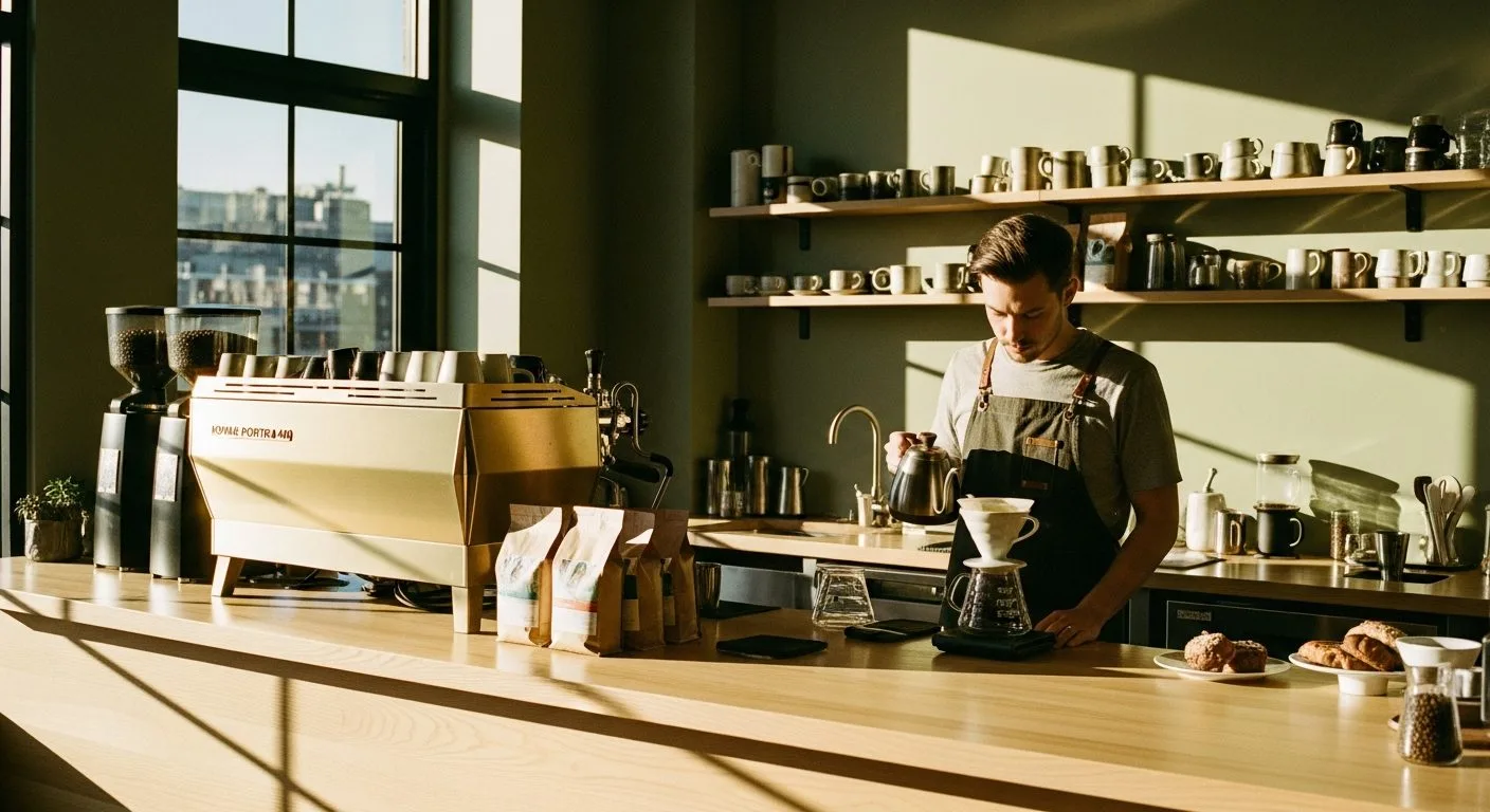 barista prepares pour-over coffee at wooden counter with espresso machine and shelved mugs., board game cafe taverna, tampere