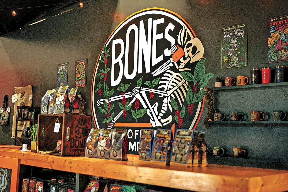 bones coffee company storefront with skeleton logo and retail merchandise display., bones coffee company, cape coral