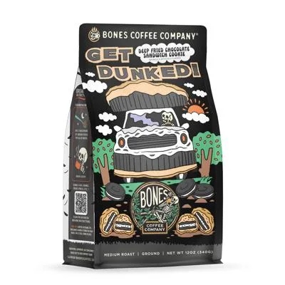 bones coffee company "get dunked" medium roast ground coffee bag with colorful desert-themed illustrations., bones coffee com