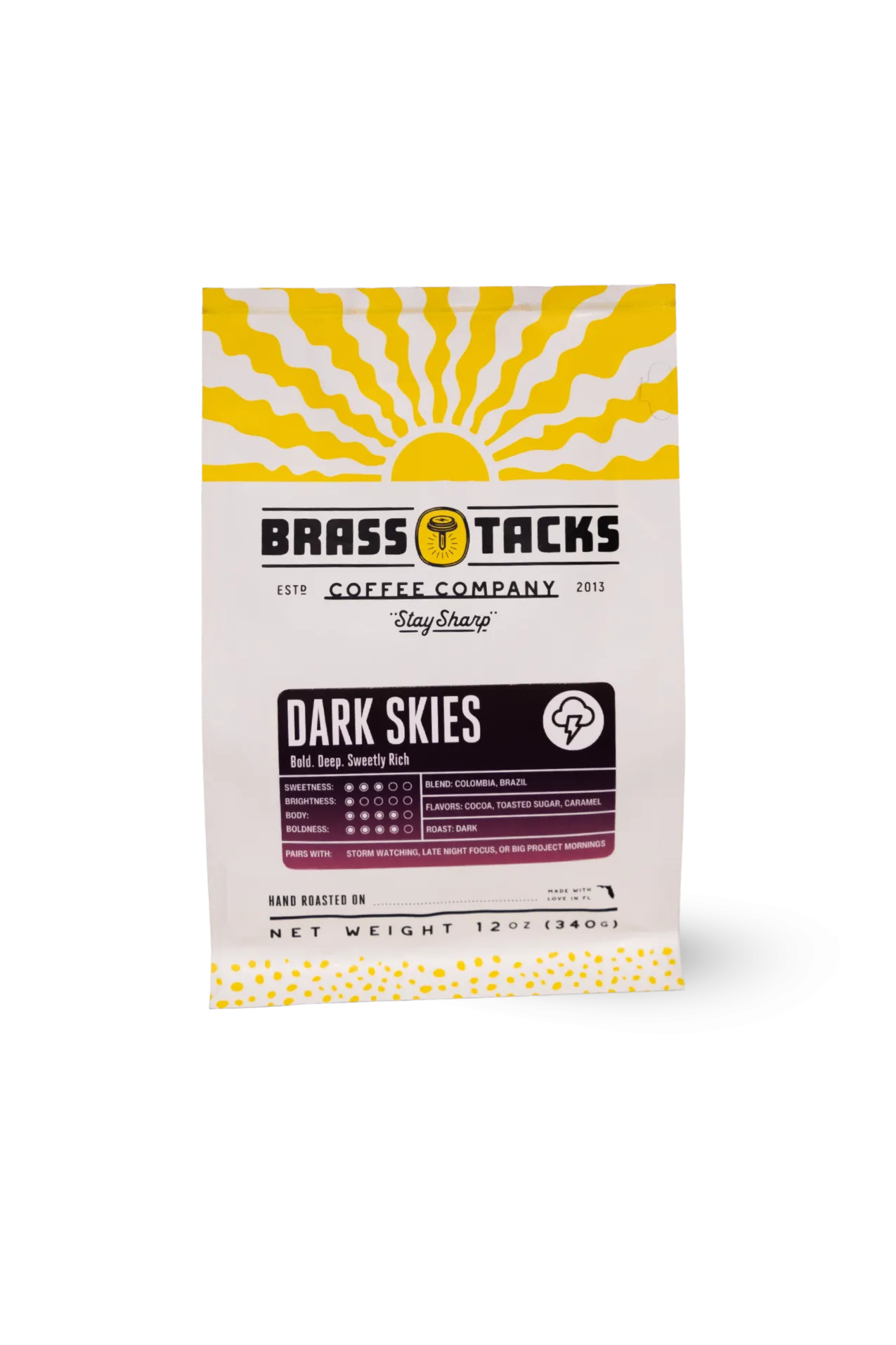 brass tacks coffee company dark skies blend 12oz bag with yellow sun rays design., brass tacks coffee co., jacksonville
