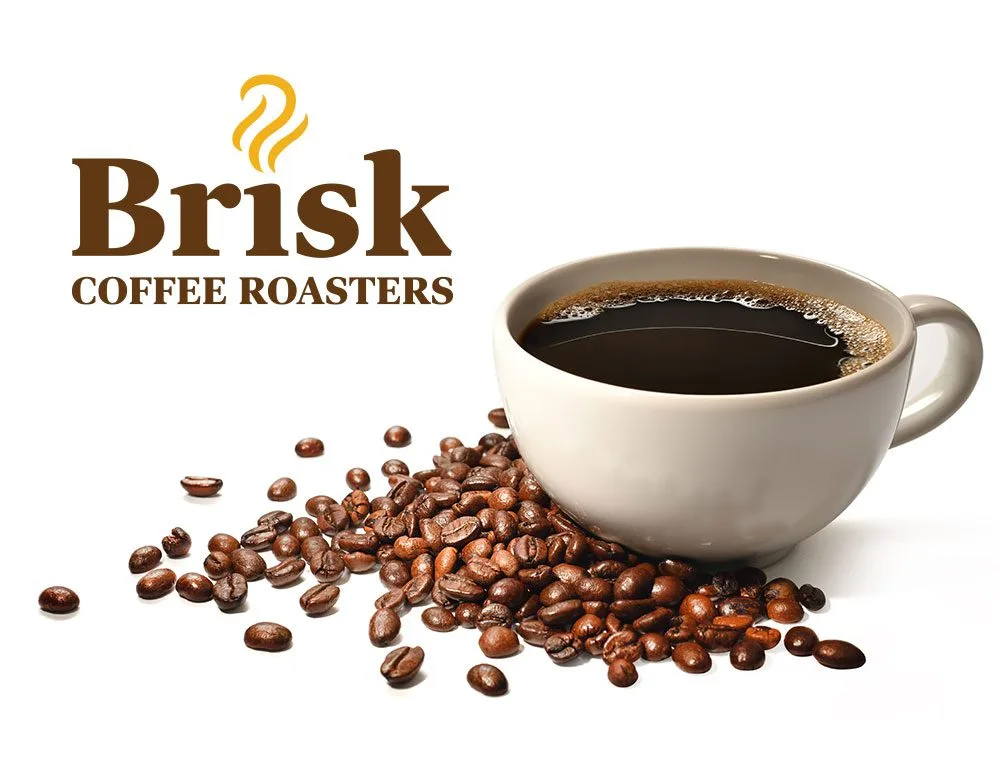 brisk coffee roasters logo with steaming cup and scattered roasted beans., brisk coffee co, florida