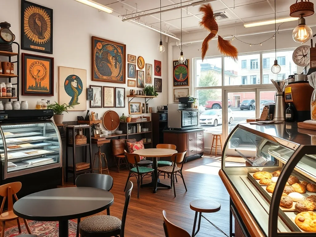 warm vintage café interior with pastries, art displays, and wood furnishings., brothers cafe, san francisco