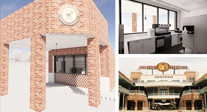 brick building exterior, modern office interior, historic theater facade with signage., brown bag coffee company, clearwater