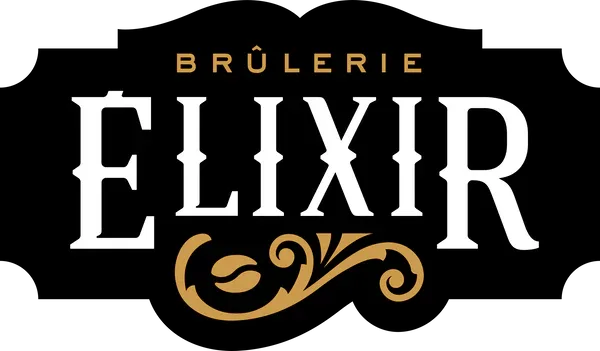 black ornate label with "brûlerie elixir" text and gold decorative flourish., brûlerie élixir, gatineau