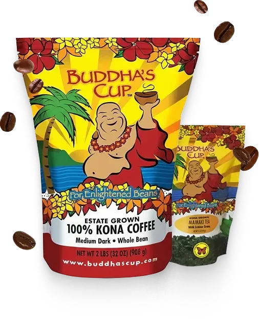 buddha's cup 100% kona coffee package with whole beans and smaller product bag displayed., buddha's cup, holualoa