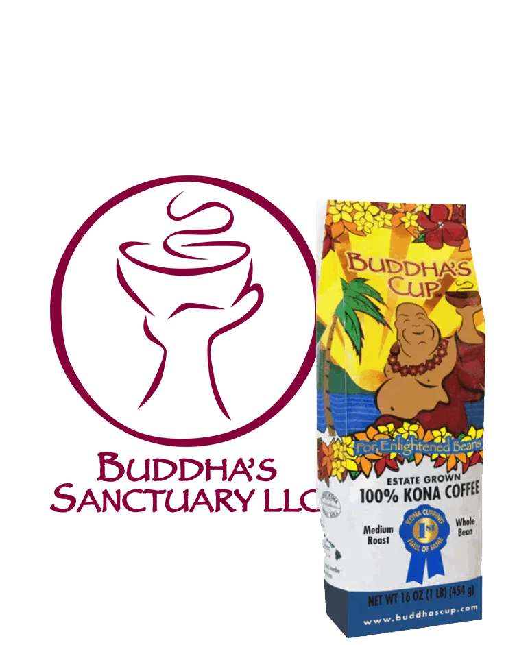 buddha's sanctuary llc logo alongside buddha's cup 100% kona coffee package., buddha's cup, holualoa