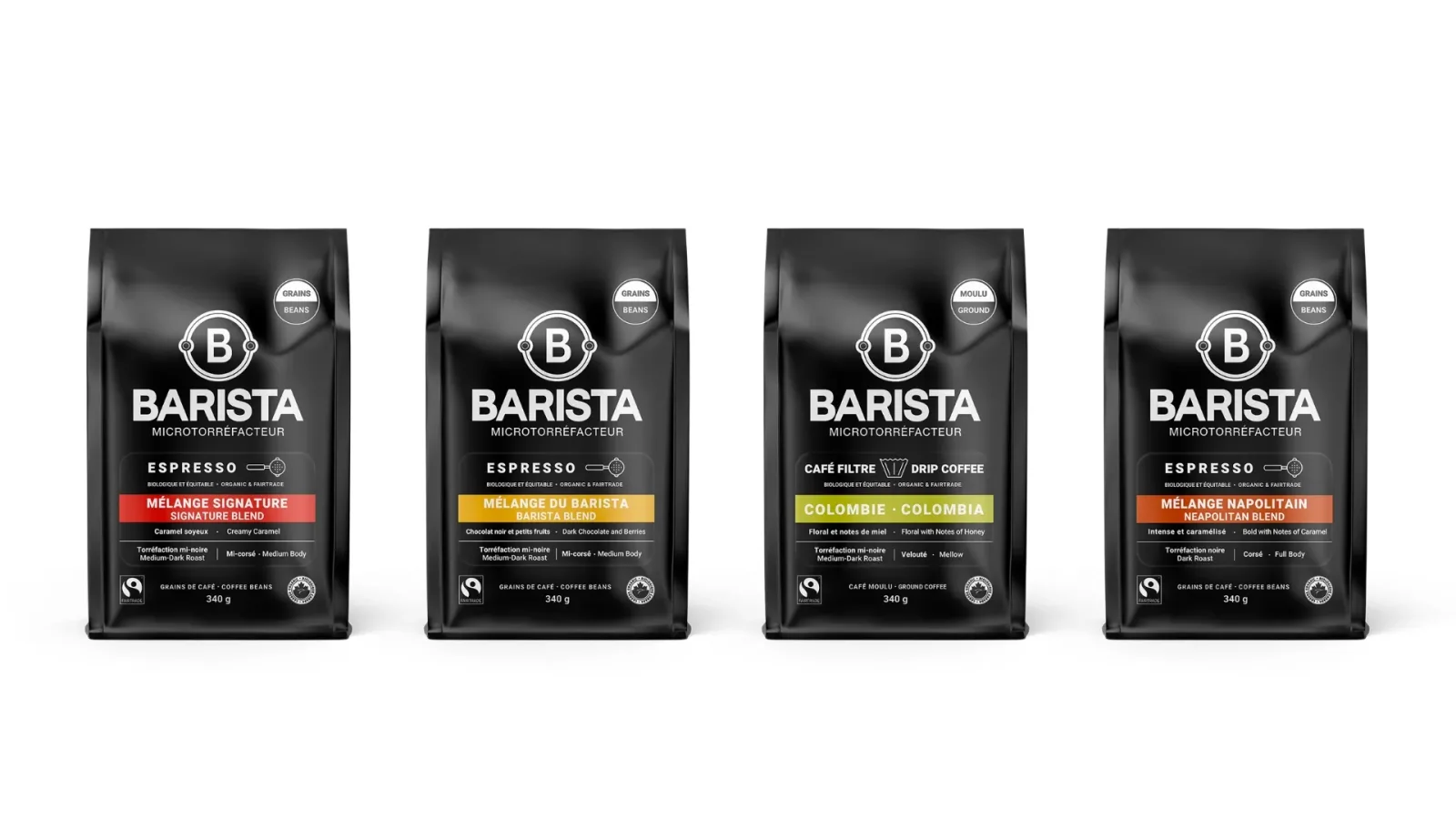 four black barista coffee bags displayed in a row against white background., café barista, montreal