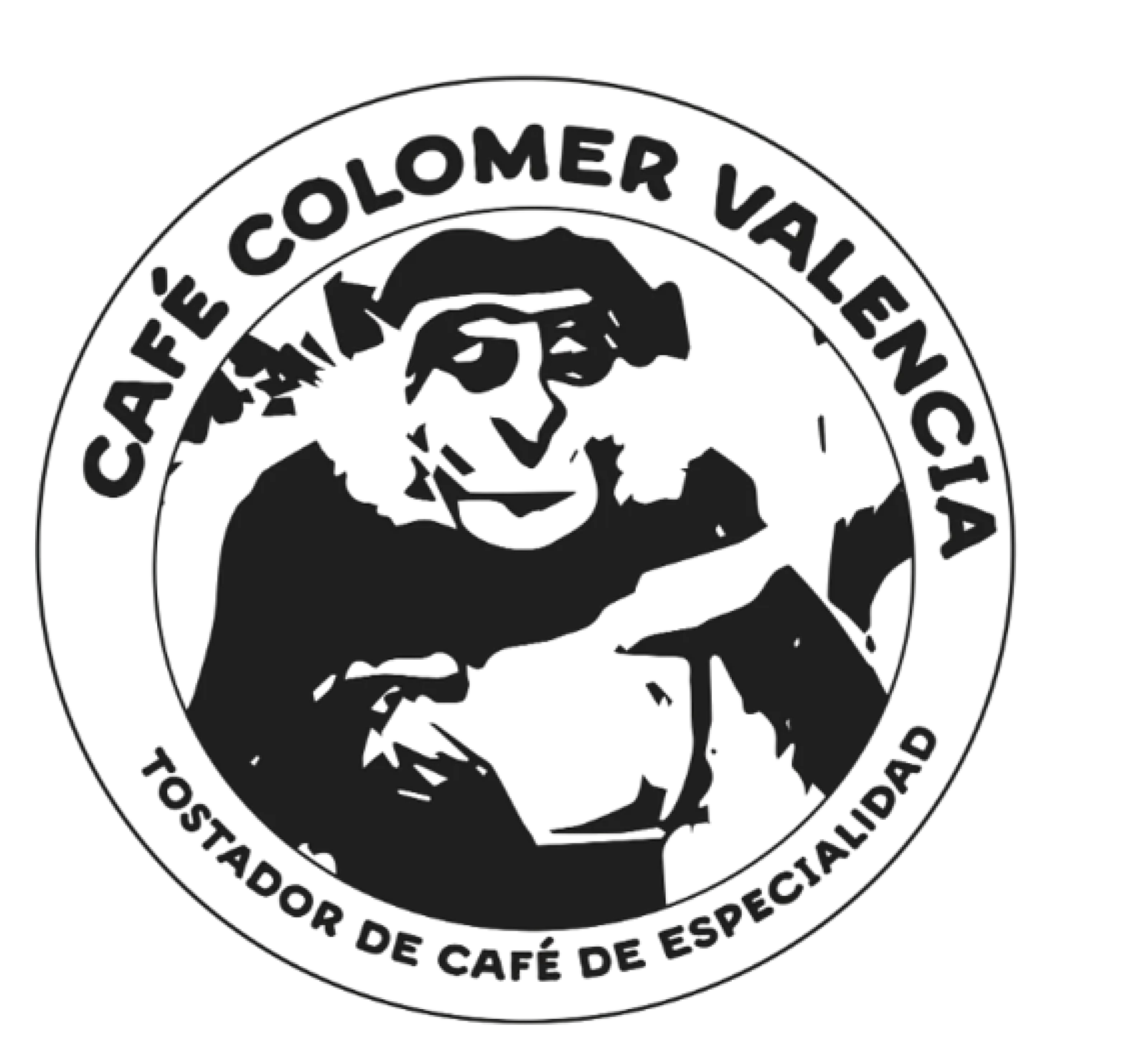 circular logo featuring a man's portrait with text "cafe colomer valenciana" and "tostador de cafe de especialidad"., café co
