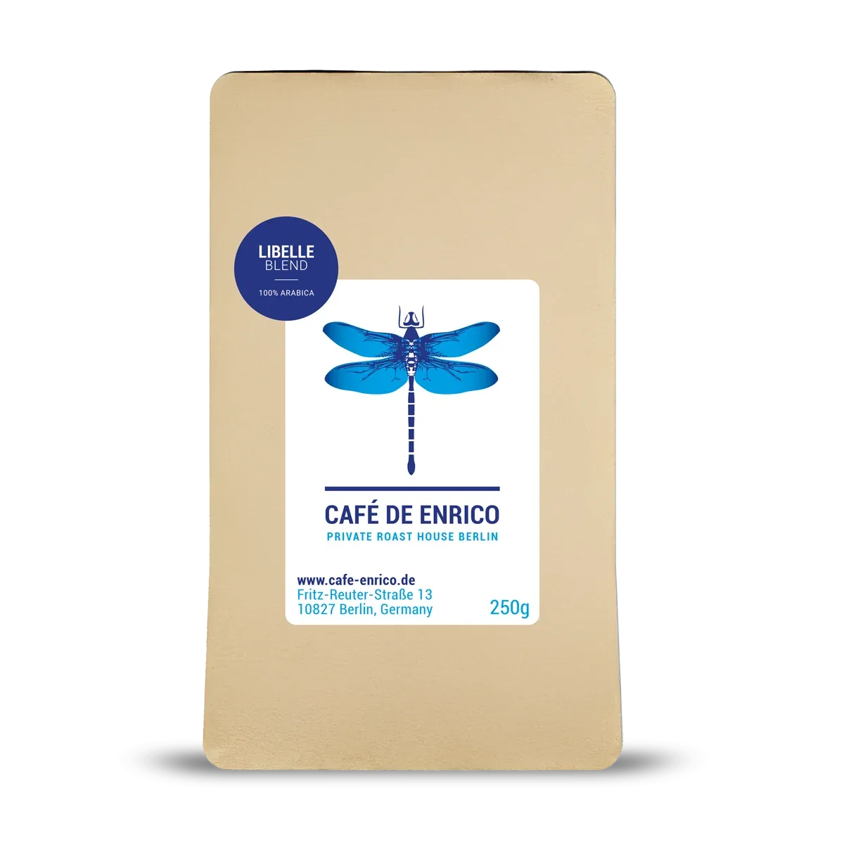 coffee bag with blue dragonfly logo, tan kraft paper, 250g weight indicated., café de enrico, berlin