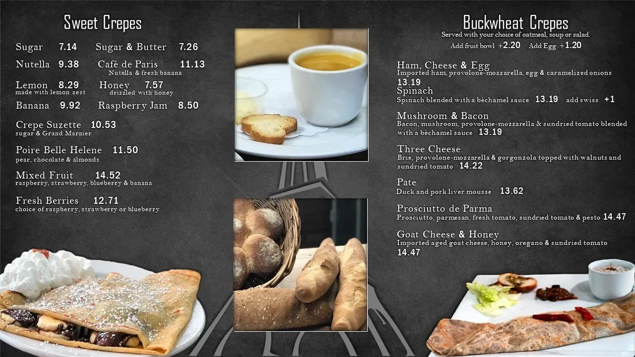 menu board displaying sweet and buckwheat crepes with pricing and food photography., cafe de paris bakery, clearwater