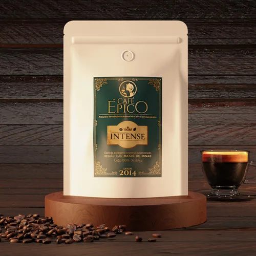 café épico intense coffee bag with beans and dark espresso cup displayed., café épico, rio de janeiro