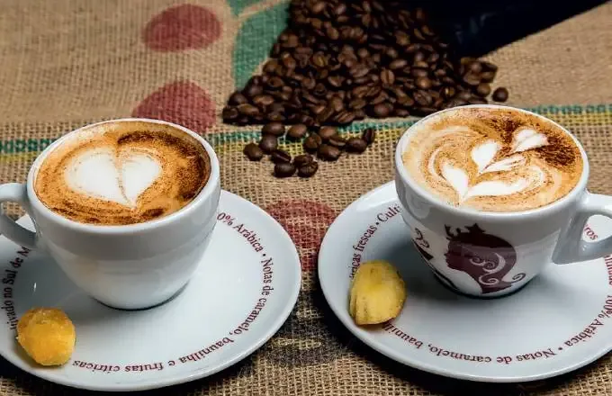 two cappuccinos with latte art, coffee beans, and pastries on decorative saucers., café épico, rio de janeiro