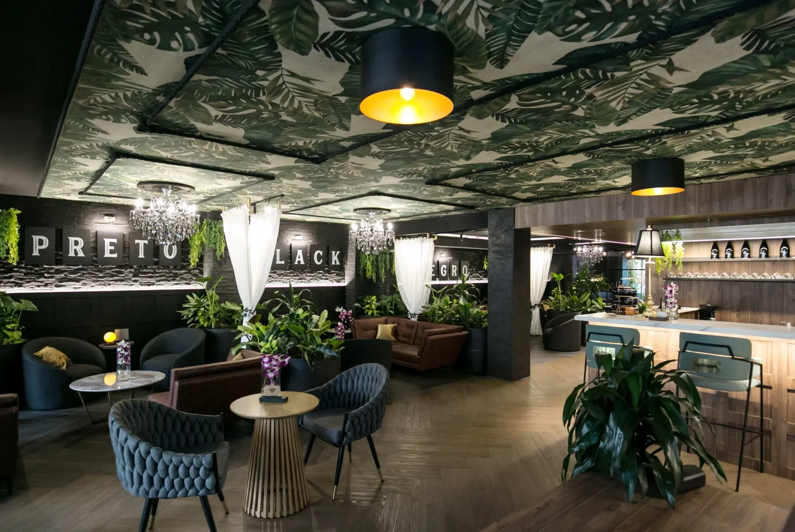 modern luxury lounge with black walls, green plants, and elegant lighting fixtures., café noir bar & lounge, medellín
