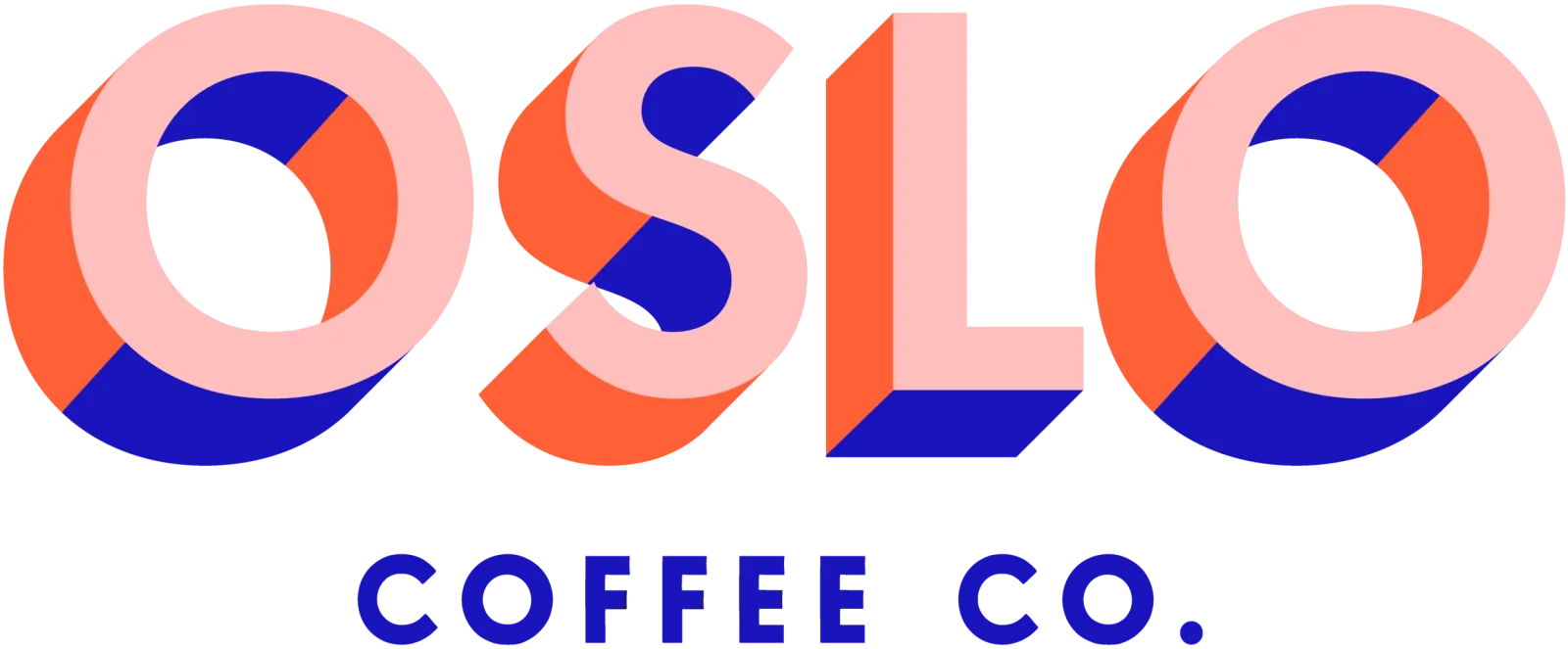 colorful logo for oslo coffee co. with geometric circular and angular lettering design., =cafe, oslo