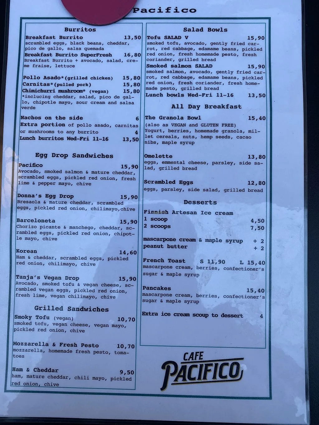 menu from cafe pacifico displaying burritos, sandwiches, salads, and desserts., cafe pacifico, helsinki