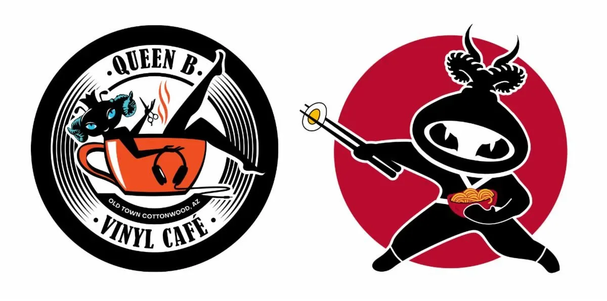 two retro-style logos: vinyl cafe with winged cat in teacup, demon character with horns holding staff., cafe puscifer, cotton