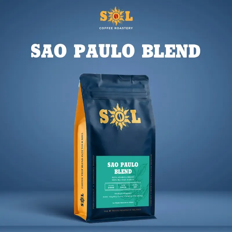 sol coffee roastery's sao paulo blend in dark navy and gold packaging on blue background., café sol, são paulo