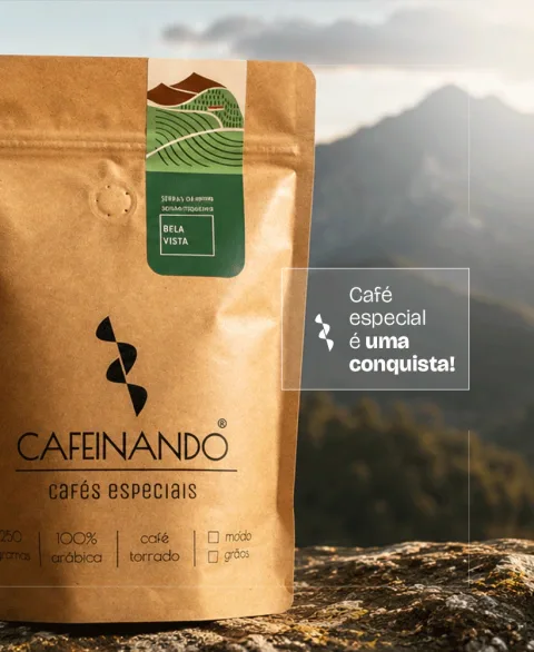 coffee bag with mountain landscape backdrop and portuguese text branding., cafeinando® | cafés especiais, curitiba