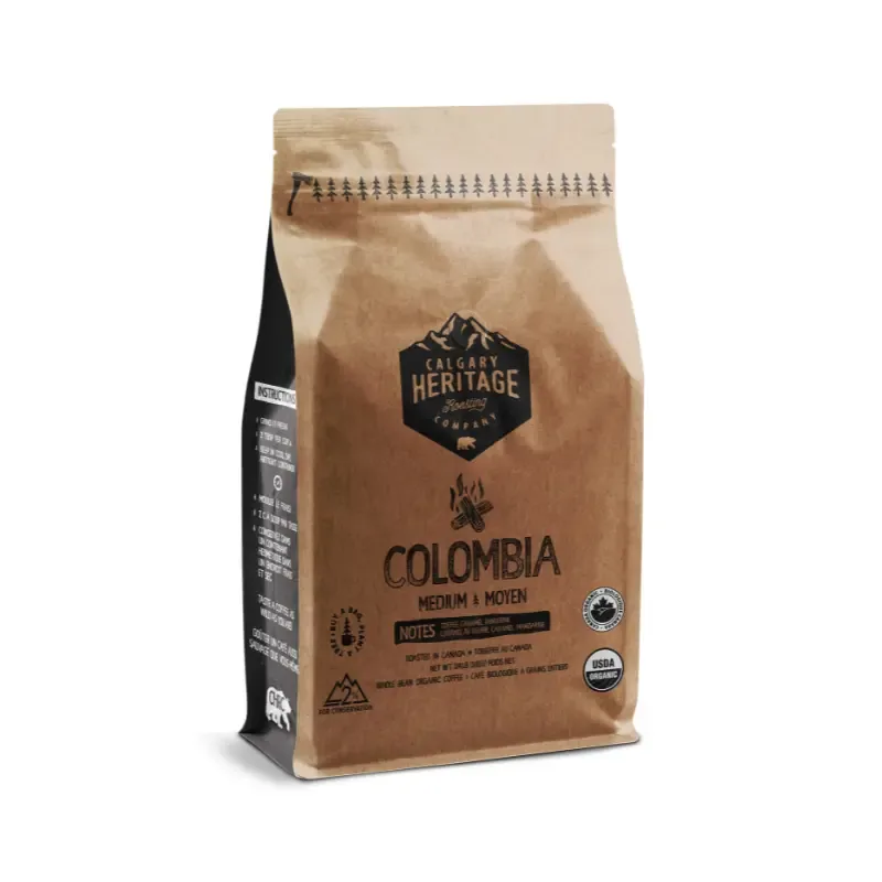 calgary heritage company colombia medium roast organic coffee bag with mountain logo., calgary heritage roasting company, cal