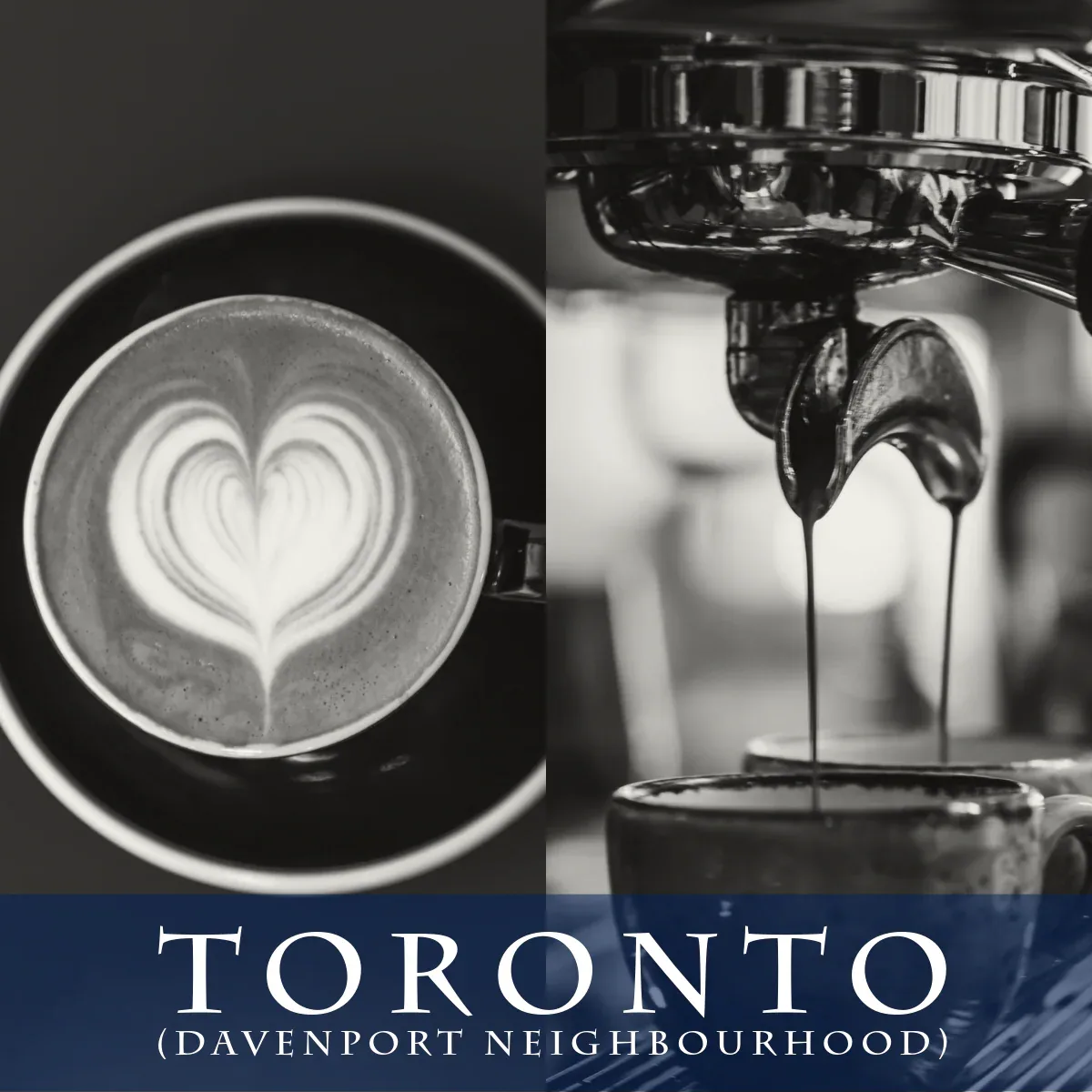 heart-shaped latte art and espresso machine pouring coffee in black and white., canadian barista institute - toronto lab (dav