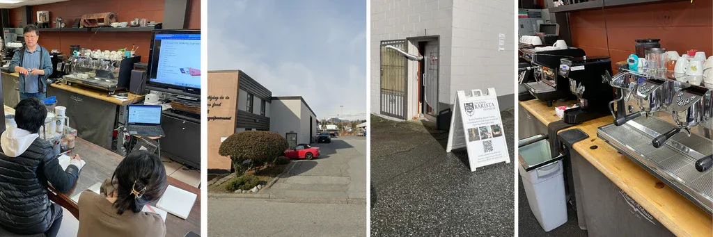 office presentation, building exterior, entrance signage, and workspace with equipment and supplies., canadian barista instit