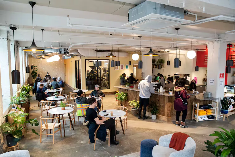 modern office space with dining area, plants, pendant lighting, and working employees., caphe roasters, philadelphia