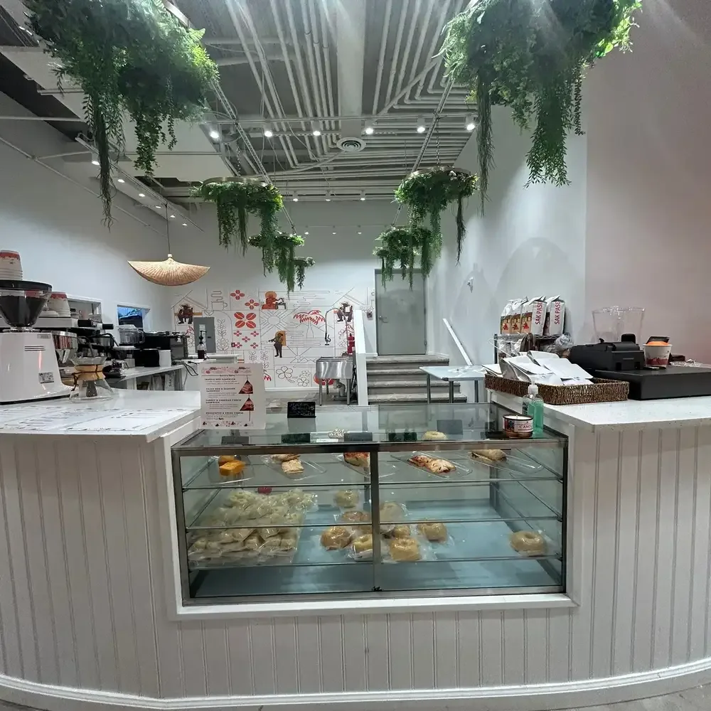 modern bakery café with pastries in glass display case and hanging plants overhead., caribbrew, newark