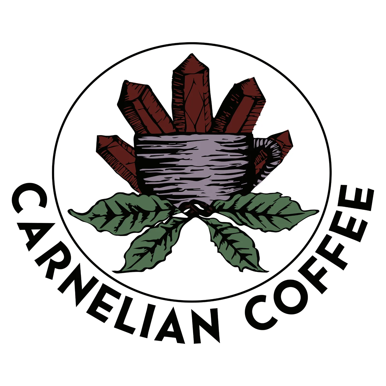 carnelian coffee logo featuring red crystals in a grey pot with green leaves., carnelian coffee co., colorado springs