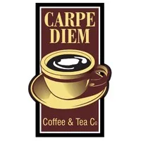 carpe diem coffee and tea co. logo with golden cup and saucer., carpe diem coffee & tea company, alabama