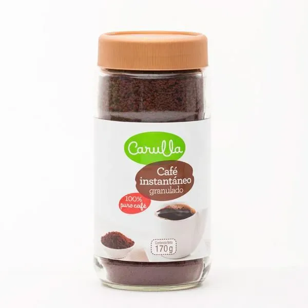 carulla brand instant granulated coffee jar with tan cap, 170g net weight., carulla palmas, medellín