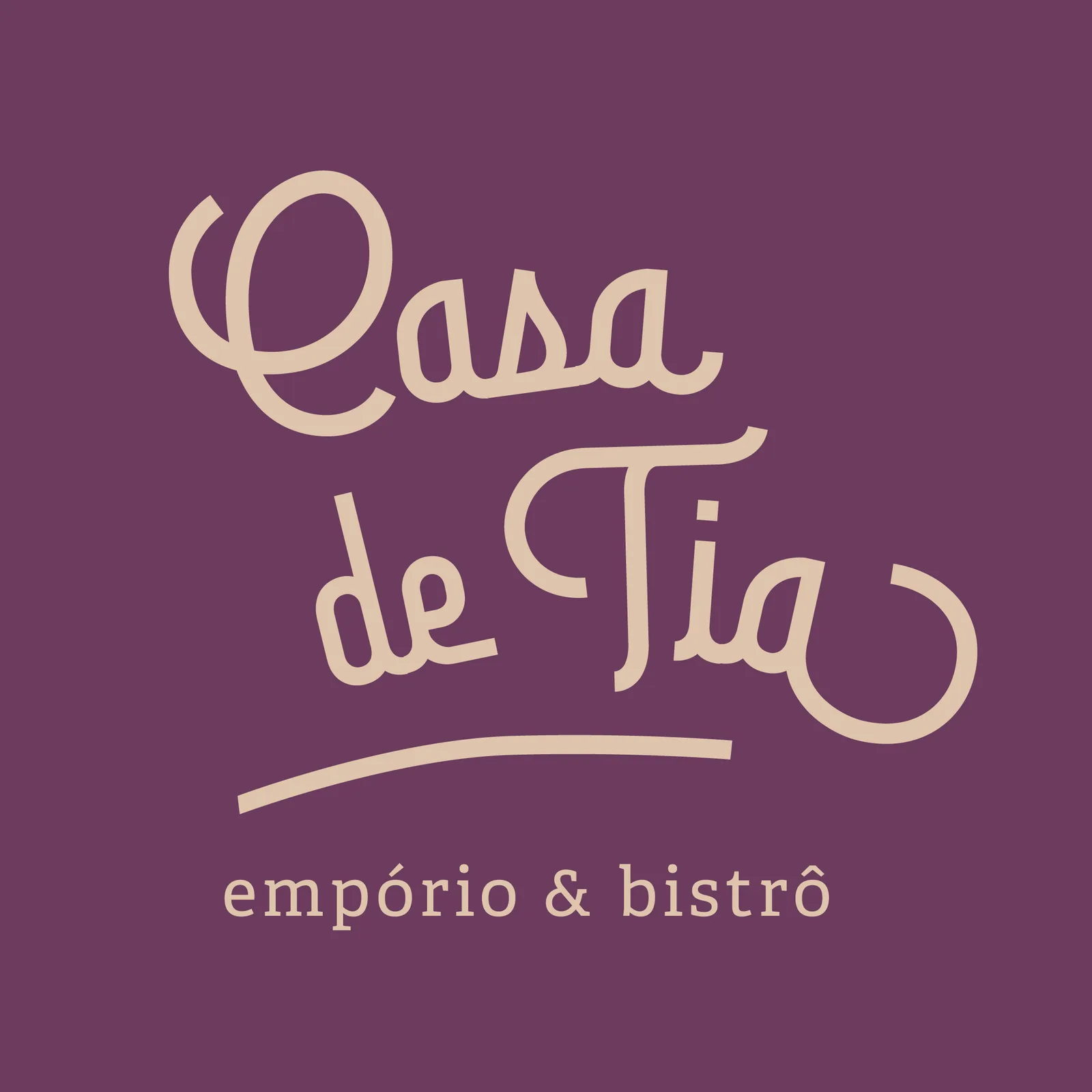purple background with cream-colored text reading "casa de pia" and "empório & bistrô" subtitle., casa de tia empório & bistr