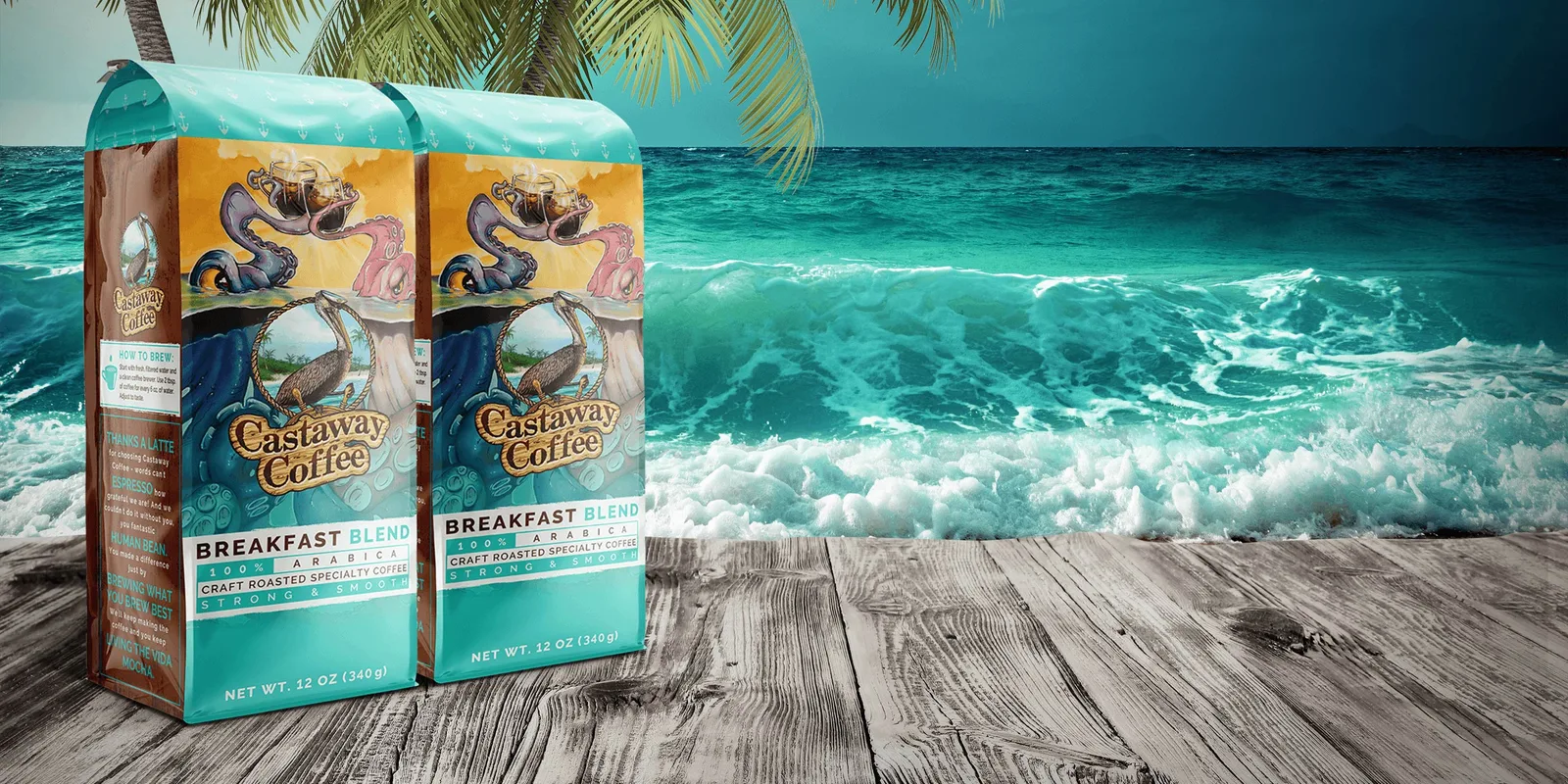 castaway coffee breakfast blend packages on wooden deck overlooking tropical ocean waves., castaway coffee, miami