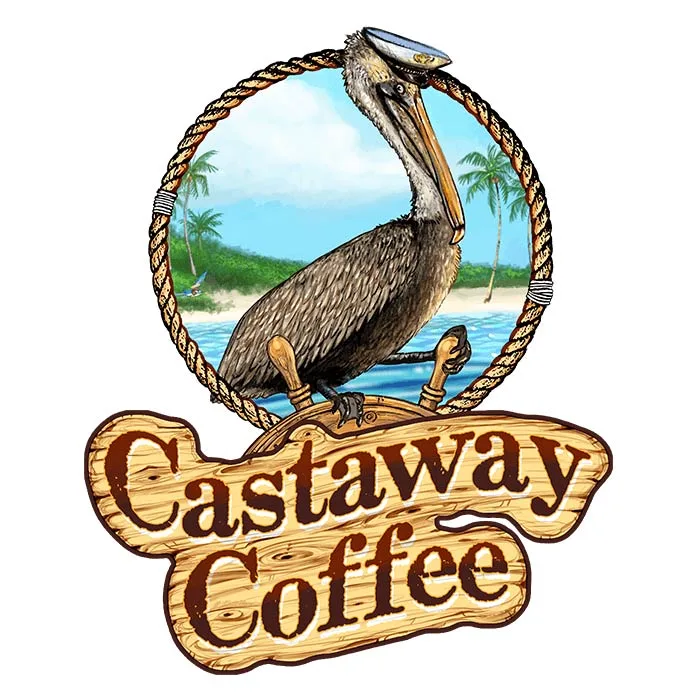 pelican perched on rope circle above wooden "castaway coffee" banner, tropical beach scene., castaway coffee, miami