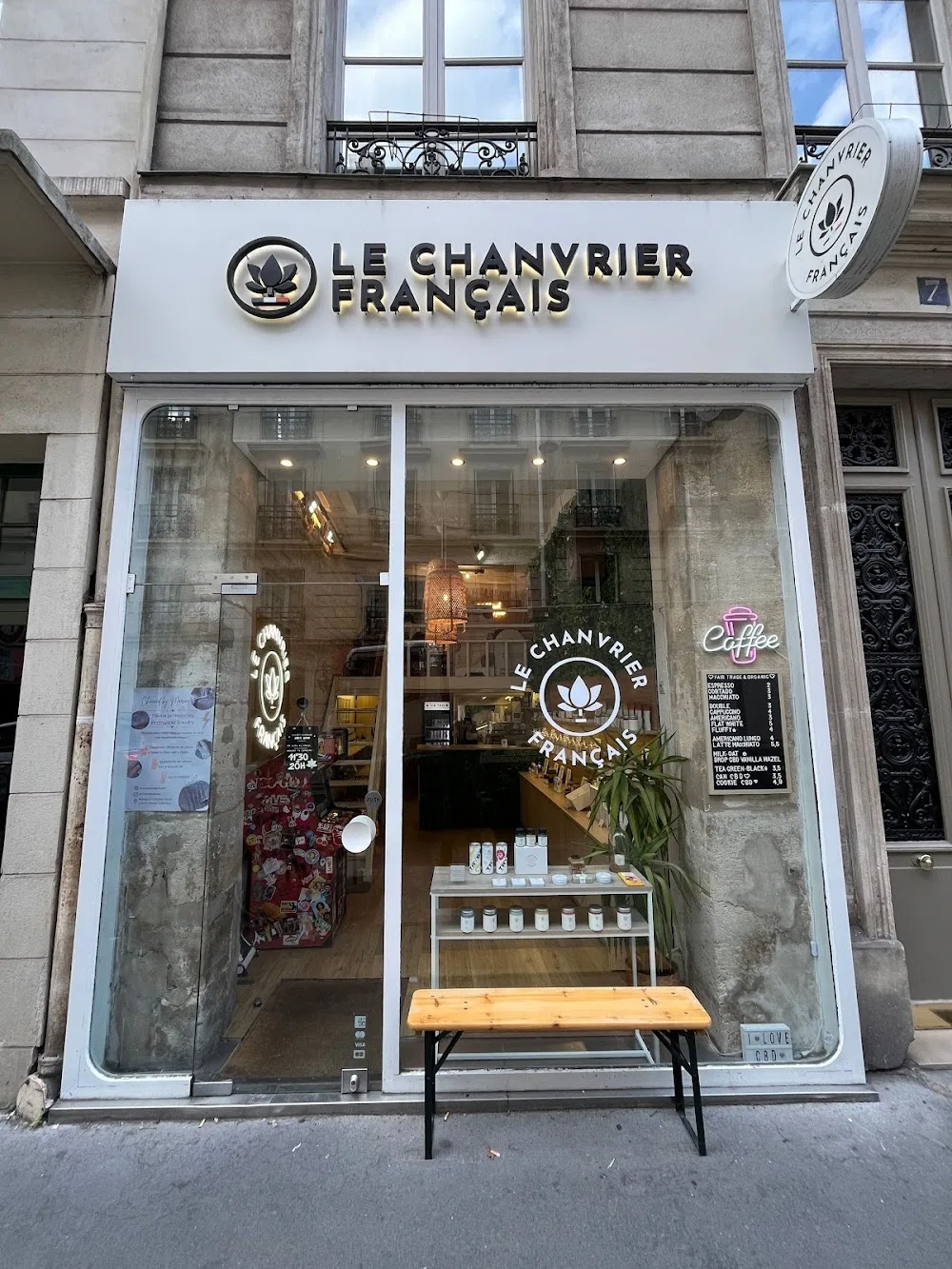 french hemp café storefront with lotus logo and product display window., cbd paris 4 - le chanvrier francais - le marais, par