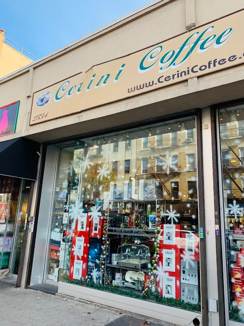 cerini coffee storefront with holiday-decorated window display and signage., cerini coffee & gifts, new york