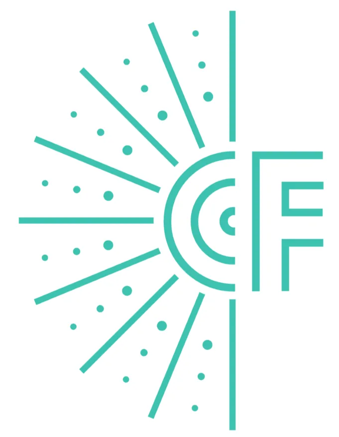 teal sun rays and concentric circles with "gff" text on right side., cf coffee company, indianapolis