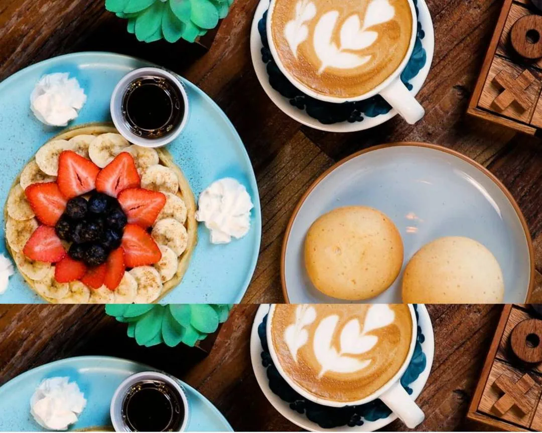 breakfast spread with fruit tart, cookies, cappuccino, and espresso on wooden table., cfs coffee oviedo, orlando
