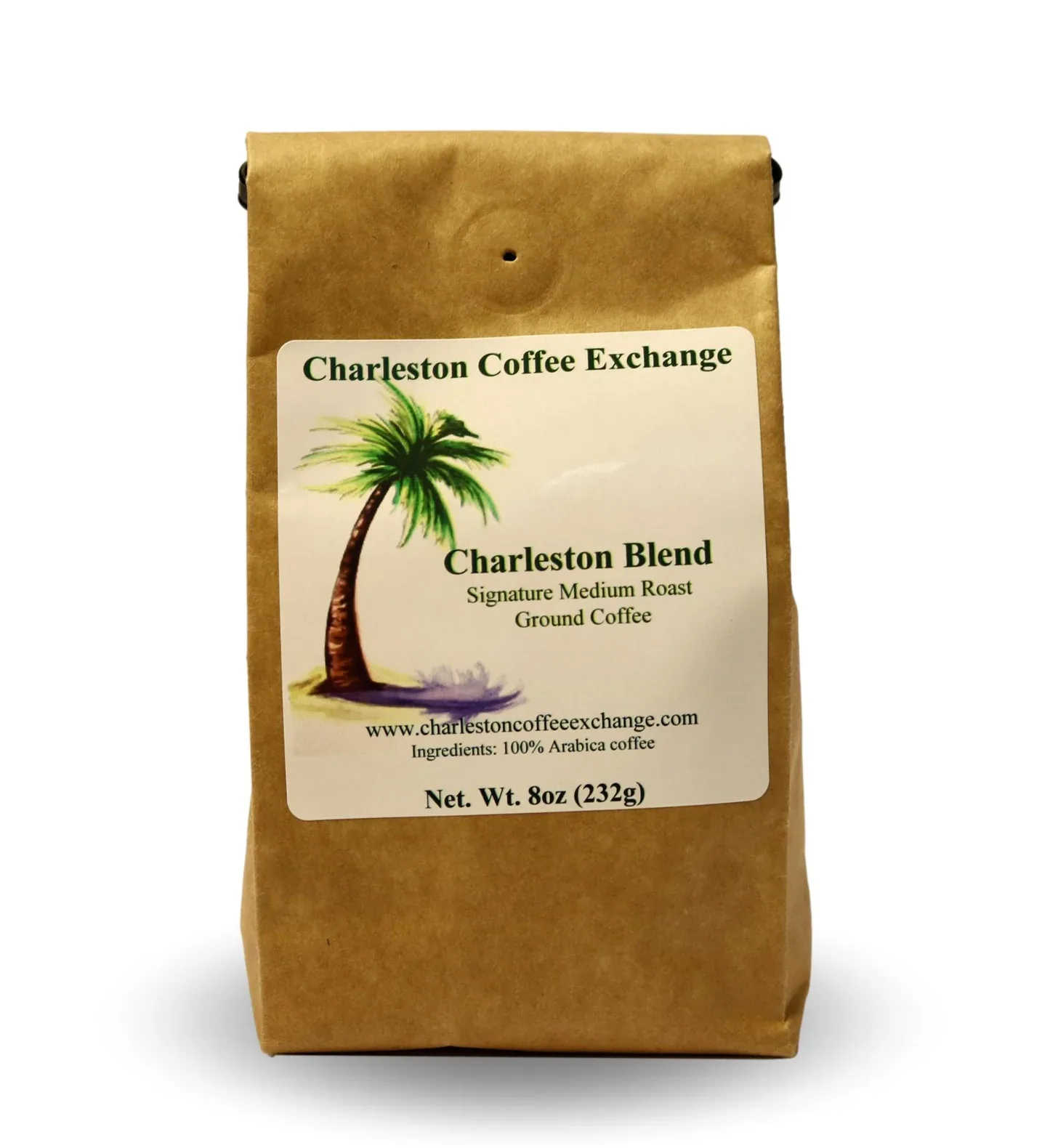golden kraft bag of charleston blend medium roast ground coffee with palm tree label., charleston coffee exchange, south caro