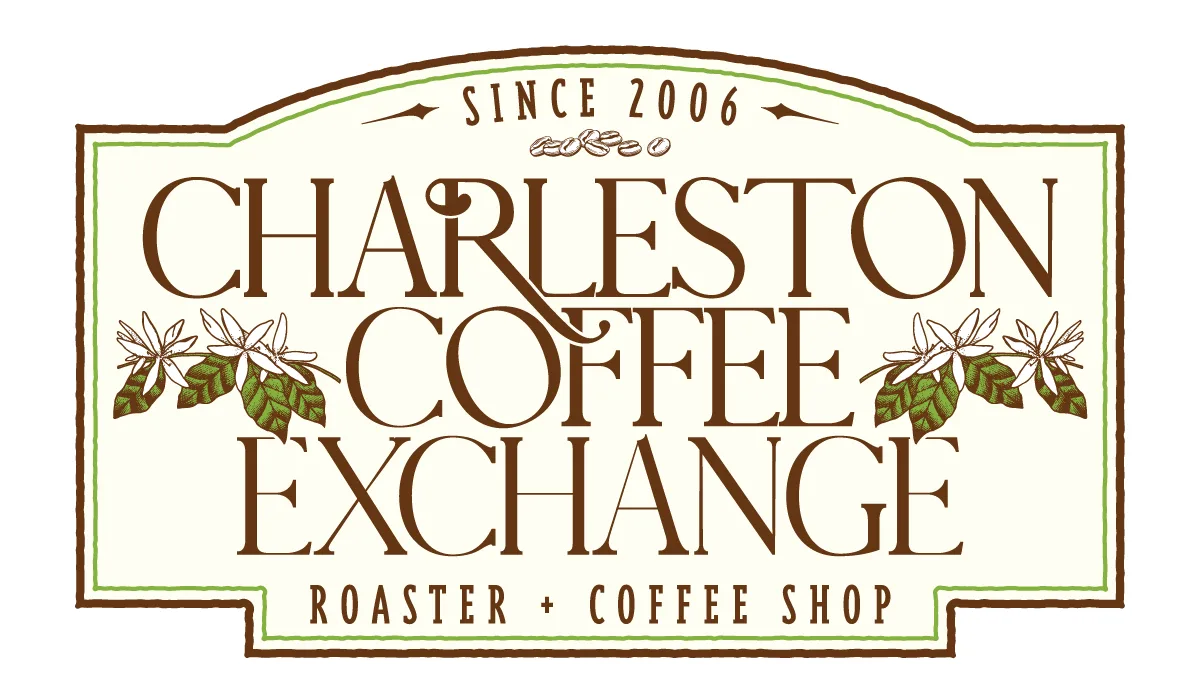 charleston coffee exchange logo featuring coffee plant illustrations and establishment date since 2006., charleston coffee ex