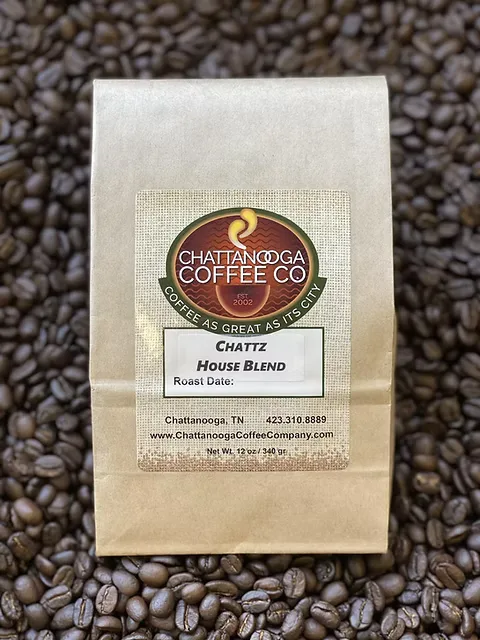 chattanooga coffee company chattz house blend bag surrounded by roasted coffee beans., chattanooga coffee company, chattanoog