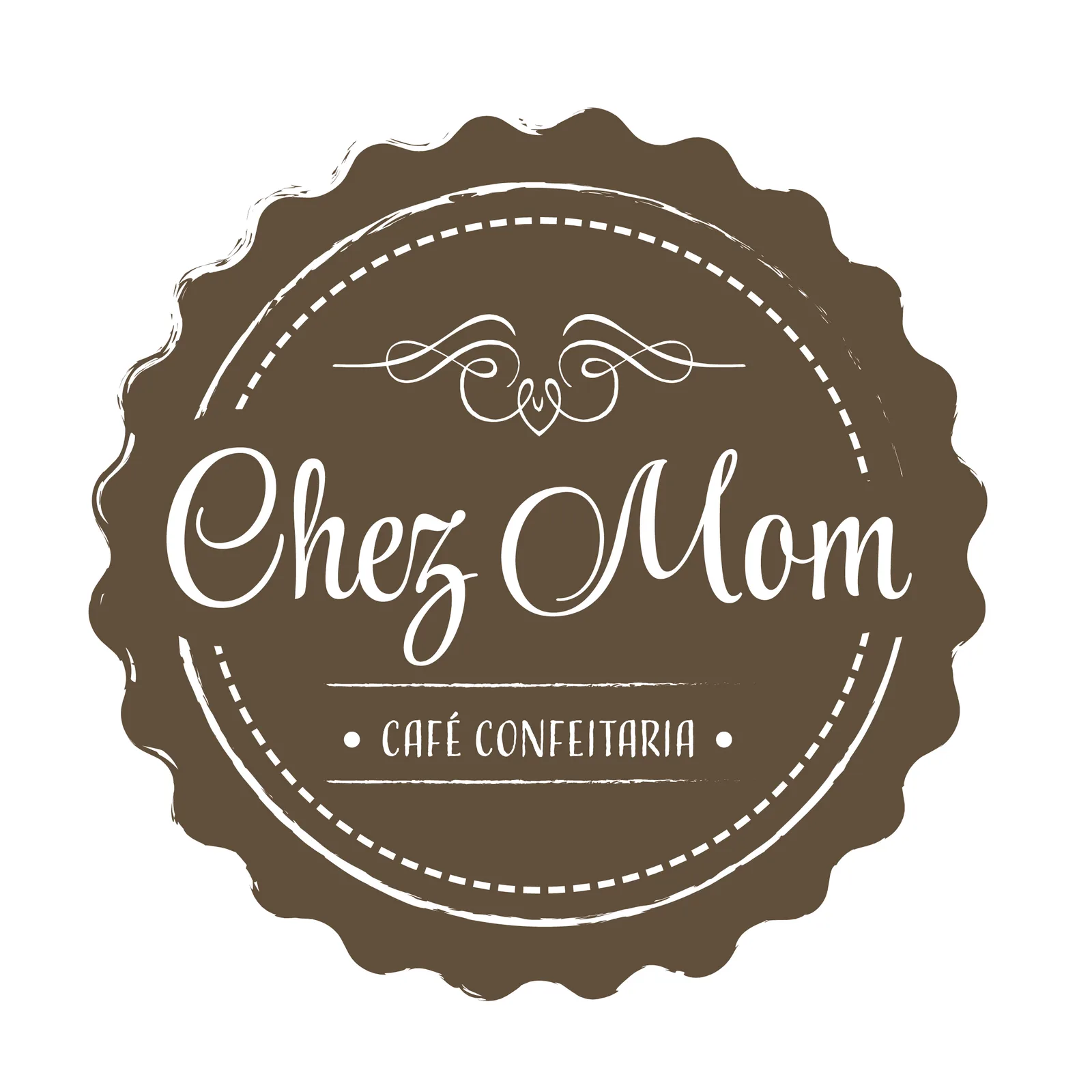 brown circular badge logo for chez mom café confeitaria with decorative flourishes., chez mom - café & confeitaria - vila mad