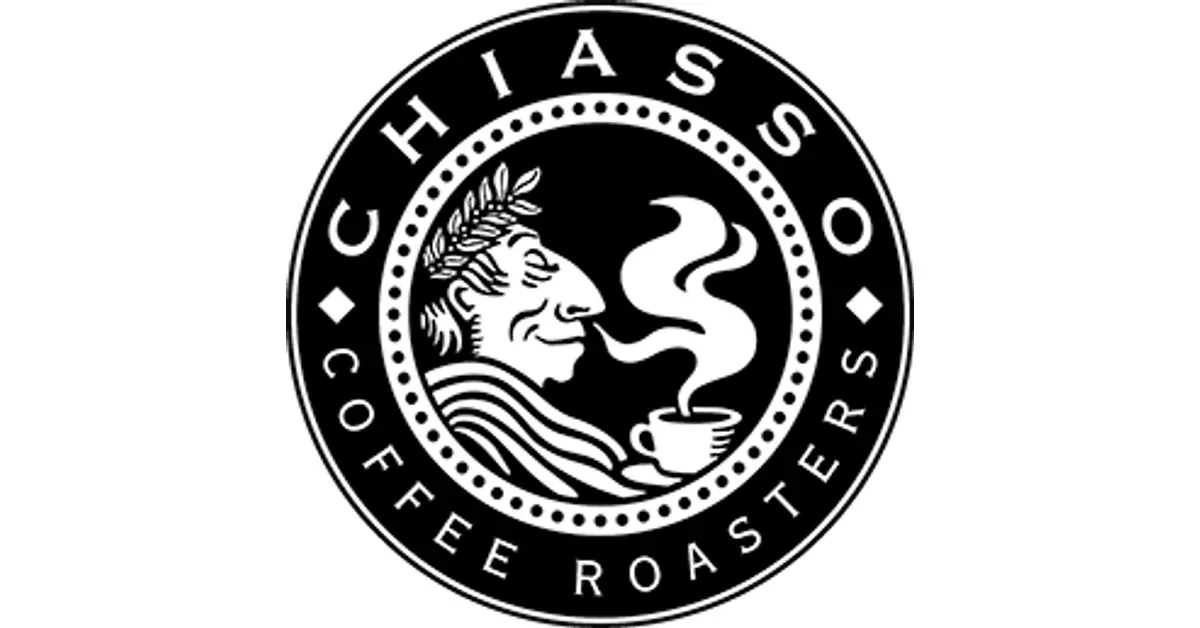 circular black and white logo featuring bearded man, steaming coffee cup, and text border., chiasso coffee roasters, auckland
