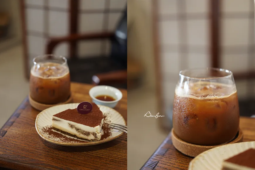 tiramisu dessert and iced coffee beverage on wooden table setting., 奇椏咖啡chillight coffee roasters 咖啡豆專賣｜親子友善｜寵物友善, taichung