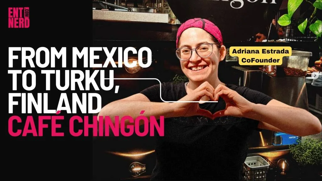 adriana estrada, cofounder, makes heart hand gesture in cafe setting wearing pink headband., chingon, turku